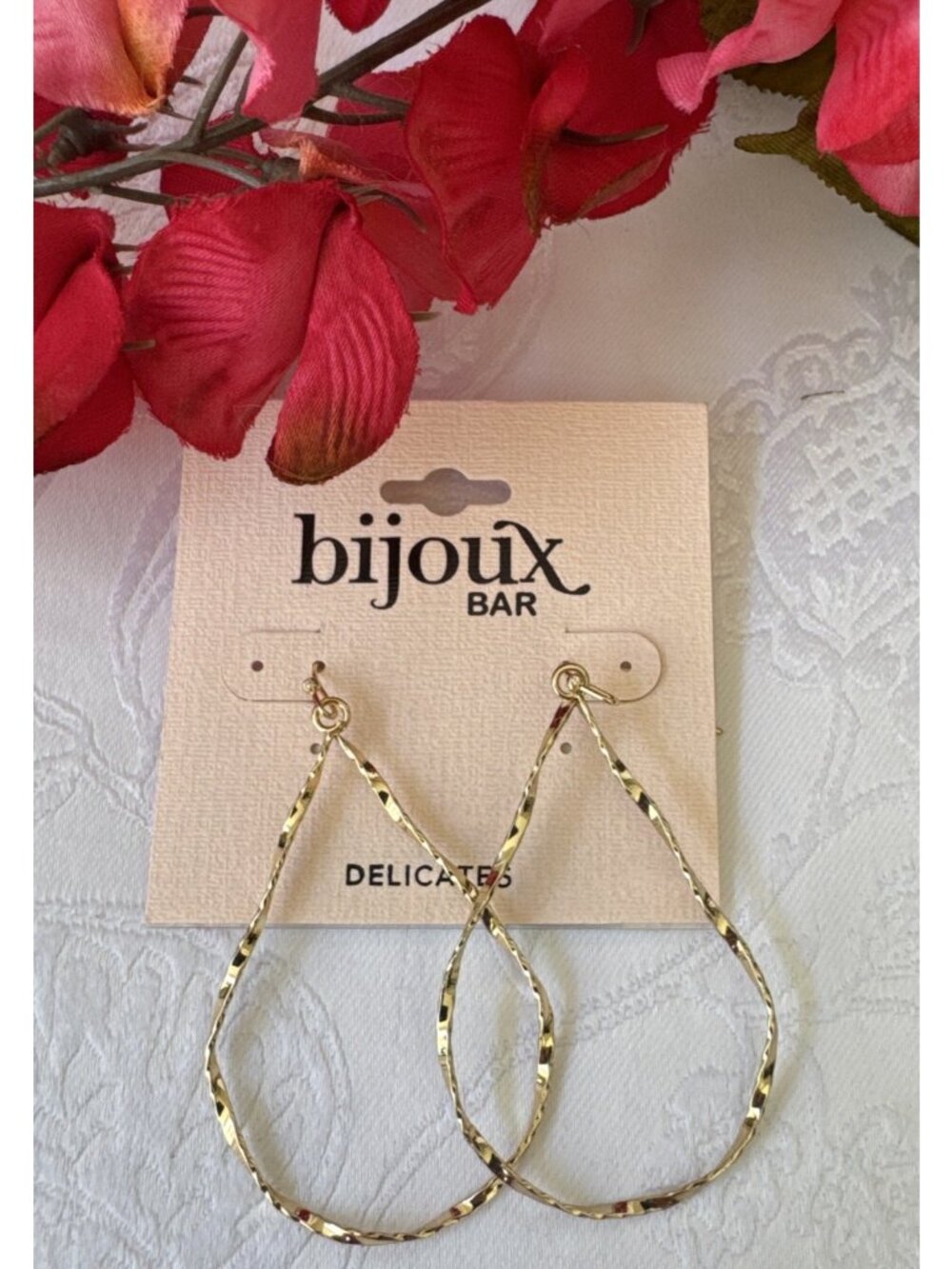 Bijoux Bar Delicates Earrings Dangle Thin Textured Gold Tone 2.5" Hoops NEW